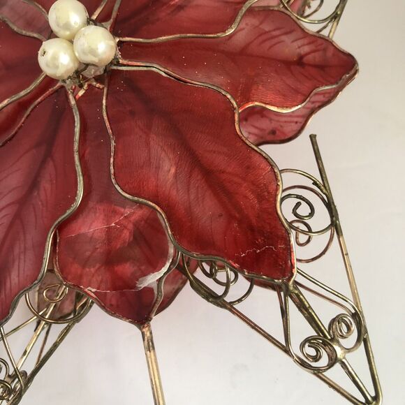 Kurt Adler Red Capiz Poinsettia Christmas Tree Topper 5 Point Gold Wire Star - Picture 13 of 16